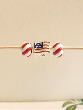 Patriotic Flag Charm & Red-White Striped Glass Beads